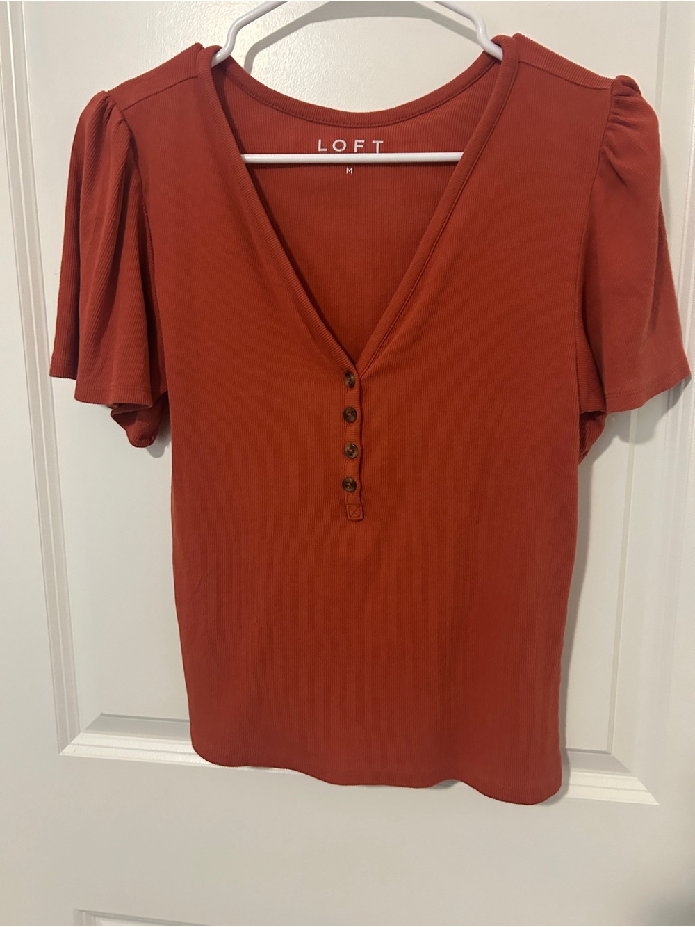 LOFT Rust Orange Short Flutter Sleeve V-Neck Button Top